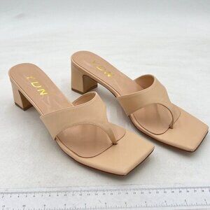 YDN Nude Women Classical Open Square Toe Flip Flop Mid Heels Thong Sandals